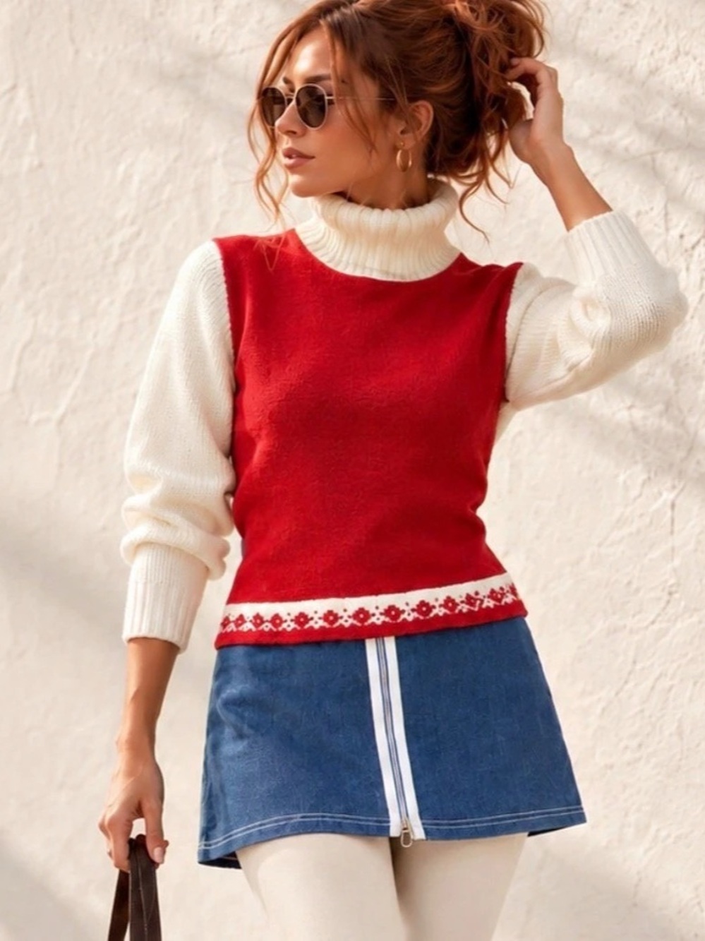 Zara TRF Lambswool Denim Tunic Top XS Red Fair Isle Turtleneck Zip Front Rare